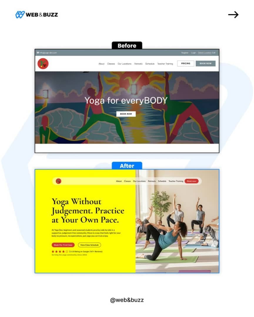 Before and after: Yoga Den hero redesign by Web&Buzz