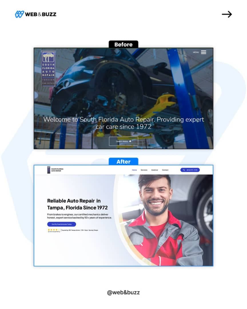 Before and after: South Florida Auto Repair hero redesign by Web&Buzz